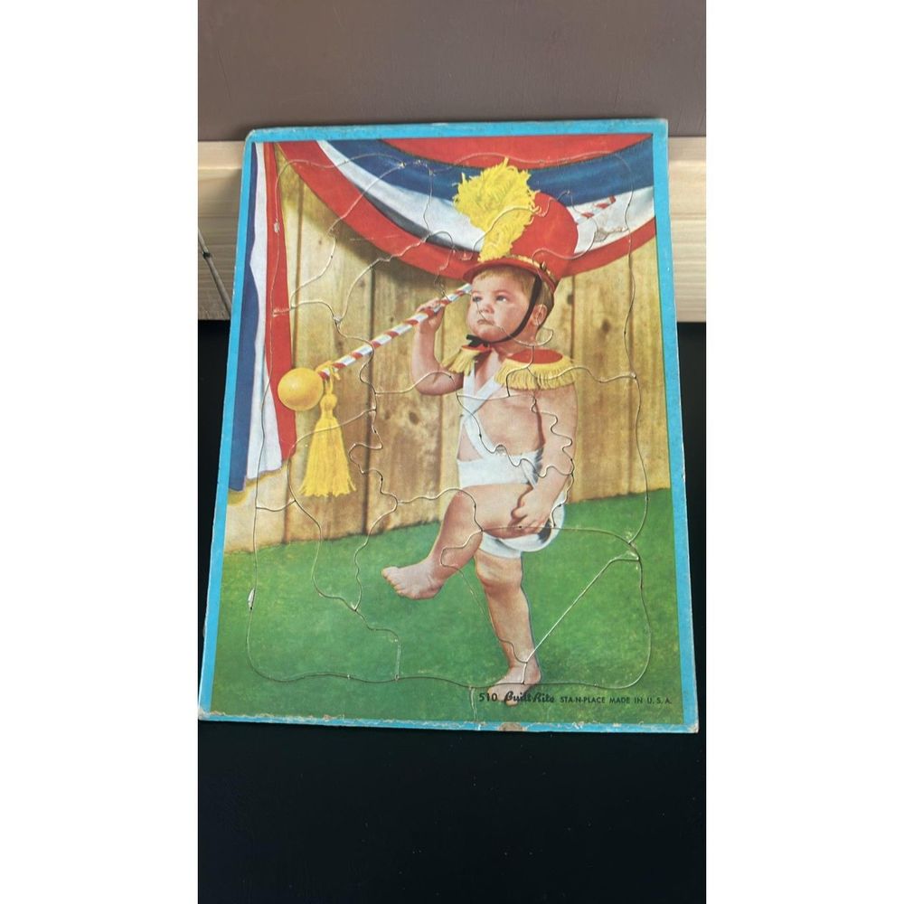Vintage Built Rite STA-N-PLACE Cardboard Tray Puzzle Marching Baby